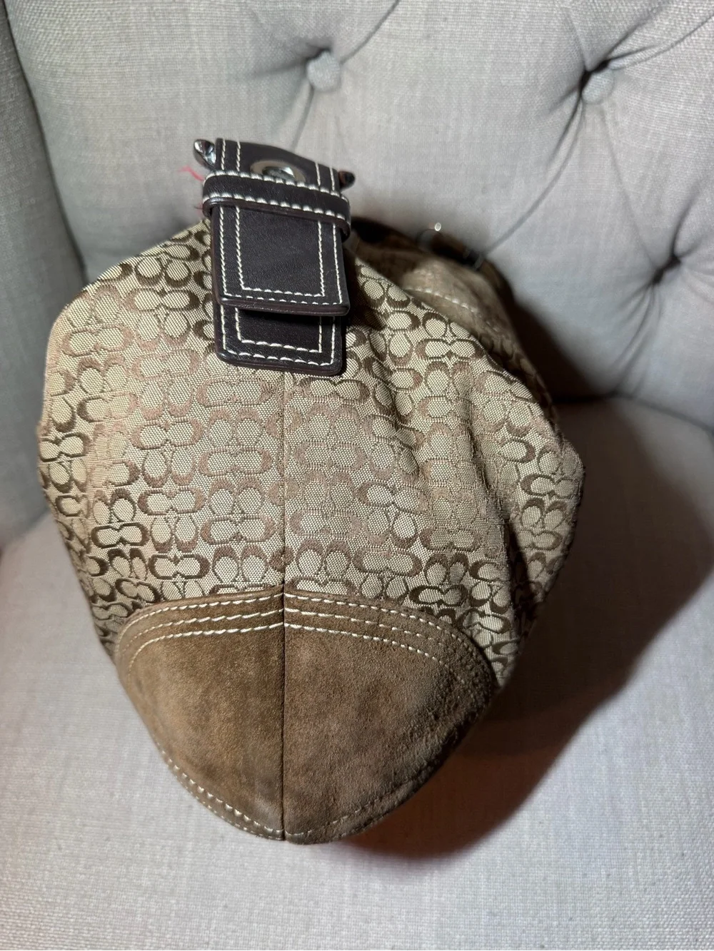 COACH Signature Canvas Half Moon Hobo Bag Brown Suede D052-2158